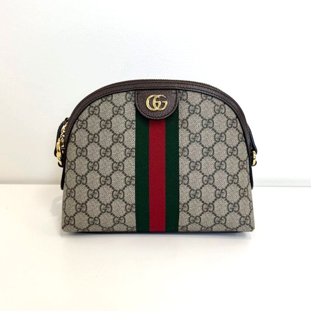 GUCCI Small Ophidia GG Supreme Rounded Top Crossbody Tan Stripe Shoulder Bag